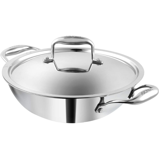 Vinod Platinum Triply Stainless Steel Deep Kadai with Lid Heavy Duty Tri-Ply SS Kadhai Induction & Gas Compatible Even Heat Distribution Mirror Finish | Sizes: 26cm, 28cm, 30cm