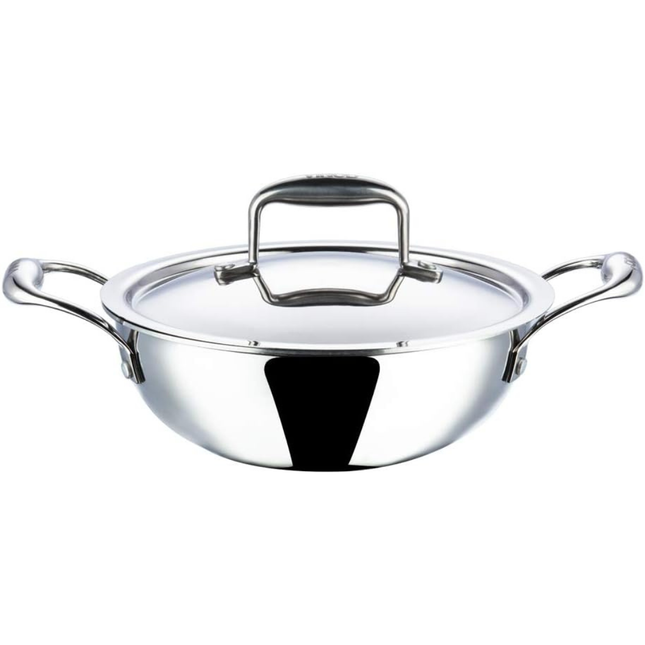 Vinod Platinum Triply Stainless Steel Kadai with Lid Heavy Duty Tri-Ply SS Kadhai Induction & Gas Compatible Even Heat Distribution Durable Mirror Finish | Sizes: 18cm, 20cm, 22cm, 24cm, 26cm