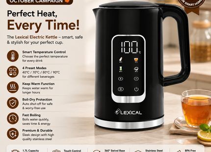 Lexical  Rapid Boil Electric Kettle – 1.7L, 2200W for Tea & Hot Water