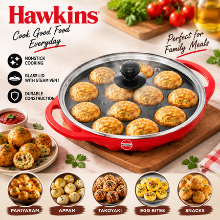 Hawkins Non Stick Appe Pan 20cm 24cm 12 Cup Paniyaram Pan Glass Lid