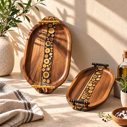 Acacia Wood Serving Tray Set of 2 with Resin Mosaic Tile Design Round Oval Decorative Trays for Breakfast, Tea, Coffee and Home Décor