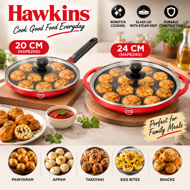 Hawkins Non Stick Appe Pan 20cm 24cm 12 Cup Paniyaram Pan Glass Lid