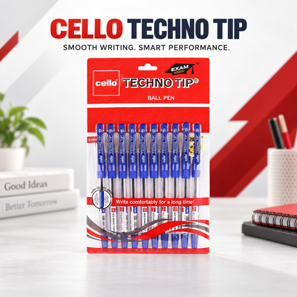 Cello Techno Tip Ball Pens Pack of 10 Blue Ink Smooth Writing Pens