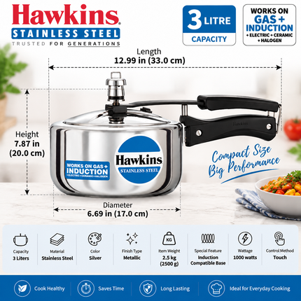 Hawkins Stainless Steel Pressure Cooker 2L 3L 4L 5L 6L Induction Gas Electric Compatible