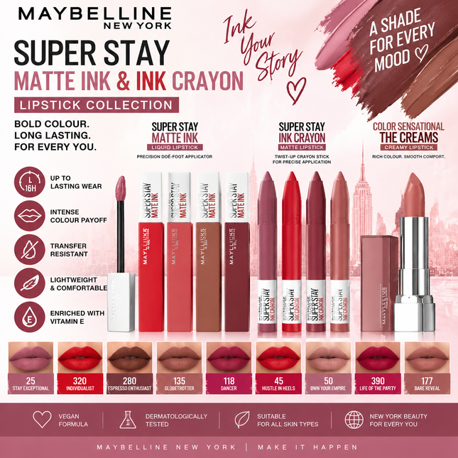 Maybelline New York SuperStay Lipstick Collection Matte Ink Liquid Crayon Long Lasting Lip Colour Shades