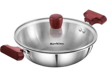 HAWKINS 1.5 , 2.5 Litre Deep Fry Pan, Triply Stainless Steel Kadai with Glass Lid, Flat Bottom Induction Kadhai, Small Kadai, Silver