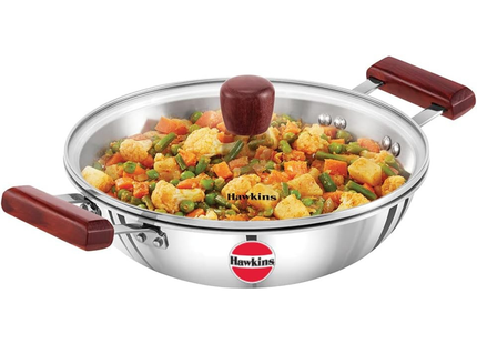 HAWKINS 1.5 , 2.5 Litre Deep Fry Pan, Triply Stainless Steel Kadai with Glass Lid, Flat Bottom Induction Kadhai, Small Kadai, Silver