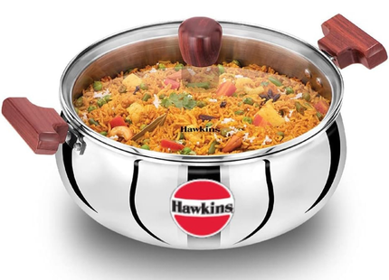 Hawkins 3 , 4 , 5 Litre Cook n Serve Triply Stainless Steel Handi with Glass Lid, Induction Sauce Pan, Biryani Handi, Silver