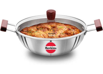 Hawkins Tri-Ply Stainless Steel Induction Compatible Deep Kadhai (Deep-Fry Pan) with Glass Lid, Capacity 4 / 5 Litre, Diameter 28 cm, Thickness 3 mm, Silver