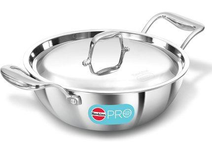 Hawkins Pro 2.5 Litre Deep-Fry Pan, Triply Stainless Steel Kadhai with Stainless Steel Handles and Lid, Silver
