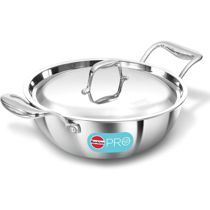 Hawkins Pro Tri Ply Stainless Steel Cookware Fry Pan Kadhai Lid Induction Gas Oven Safe