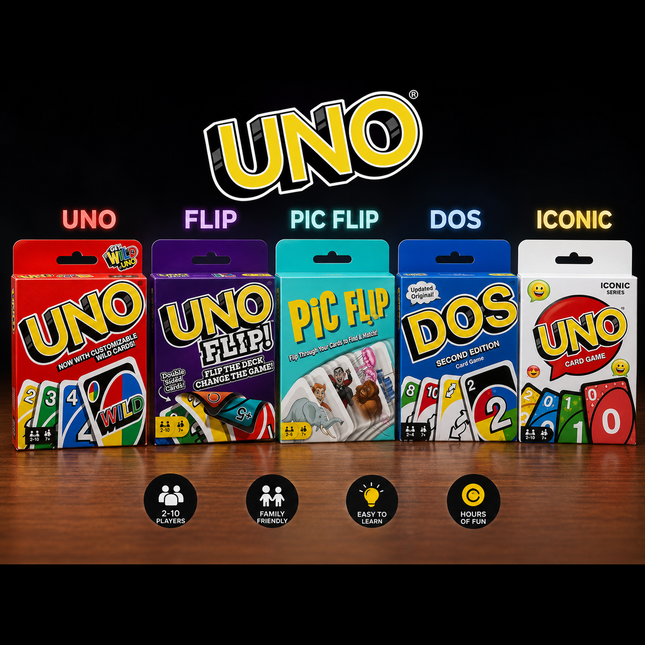 Mattel Card Games for Kids & Family – UNO + Flip, Pic Flip, DOS & ICONIC