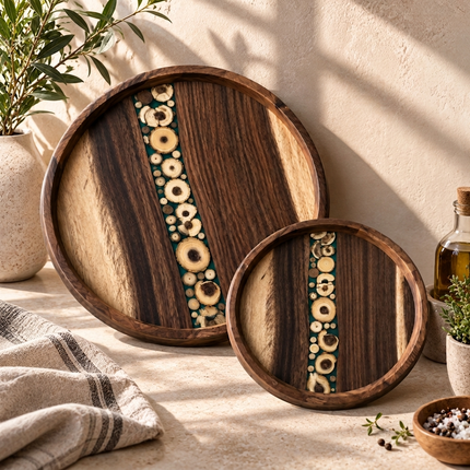 Acacia Wood Serving Tray Set of 2 with Resin Mosaic Tile Design Round Oval Decorative Trays for Breakfast, Tea, Coffee and Home Décor