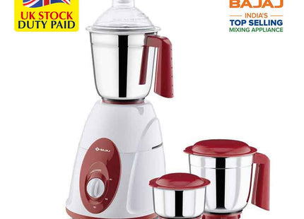 Bajaj Classic 750W Indian Mixer Grinder - 3 Stainless Steel Jars, Dry & Wet Grinding, Chutney & Dosa Batter, White & Maroon, Indian Plug + International Adapter