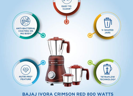 Bajaj Ivora 800W Indian Mixer Grinder – 3 Stainless Steel Jars, Dry & Wet Grinding, Chutney, Dosa Batter, Seeds & Spices  Crimson Red  Indian Plug + International Converter