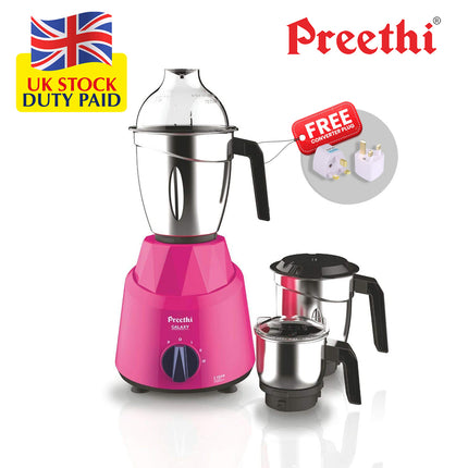 Preethi Galaxy MG225 750W Indian Mixer Grinder â€“ 3 Stainless Steel Jars, Dry & Wet Grinding, Chutney & Dosa Batter, Pink, Indian Plug + International Converter