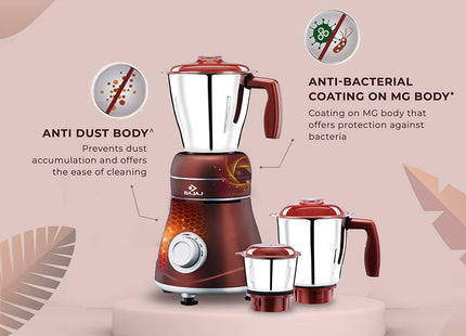 Bajaj Ivora 800W Indian Mixer Grinder – 3 Stainless Steel Jars, Dry & Wet Grinding, Chutney, Dosa Batter, Seeds & Spices  Crimson Red  Indian Plug + International Converter