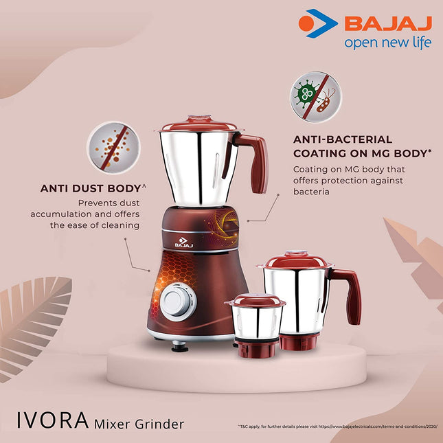 Bajaj Ivora 800W Indian Mixer Grinder – 3 Stainless Steel Jars, Dry & Wet Grinding, Chutney, Dosa Batter, Seeds & Spices  Crimson Red  Indian Plug + International Converter