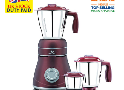 Bajaj Ivora 800W Indian Mixer Grinder – 3 Stainless Steel Jars, Dry & Wet Grinding, Chutney, Dosa Batter, Seeds & Spices  Crimson Red  Indian Plug + International Converter