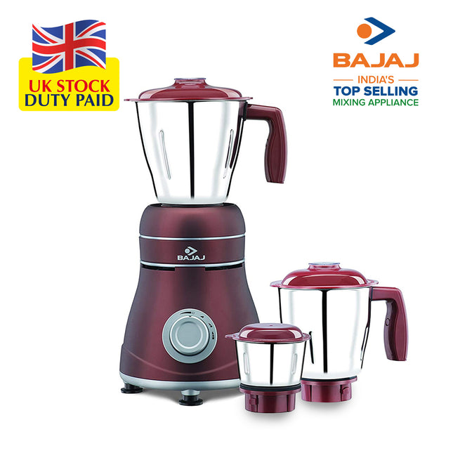 Bajaj Ivora 800W Indian Mixer Grinder – 3 Stainless Steel Jars, Dry & Wet Grinding, Chutney, Dosa Batter, Seeds & Spices  Crimson Red  Indian Plug + International Converter